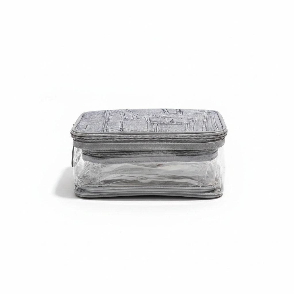 Clear cosmetic organizer box with denim print lid