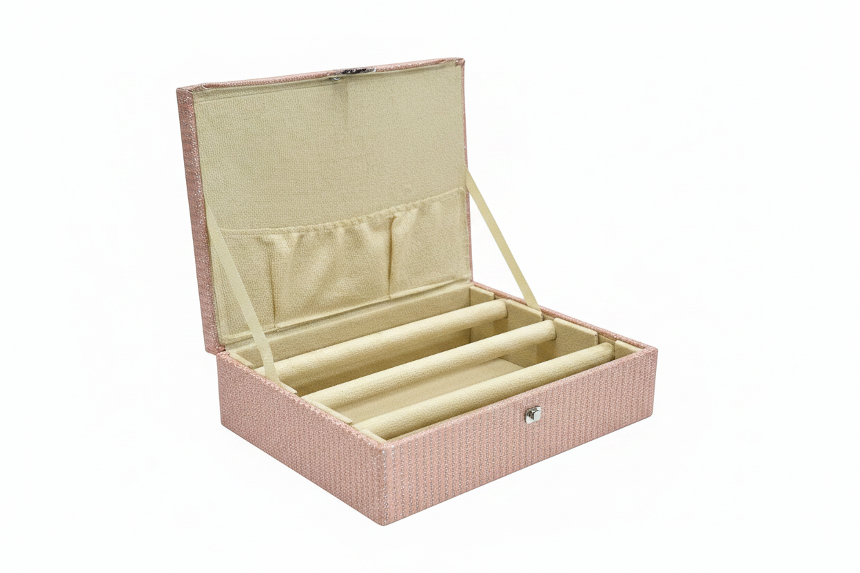 Bangle box open showing 3 bangle rolls and lid pocket - white background