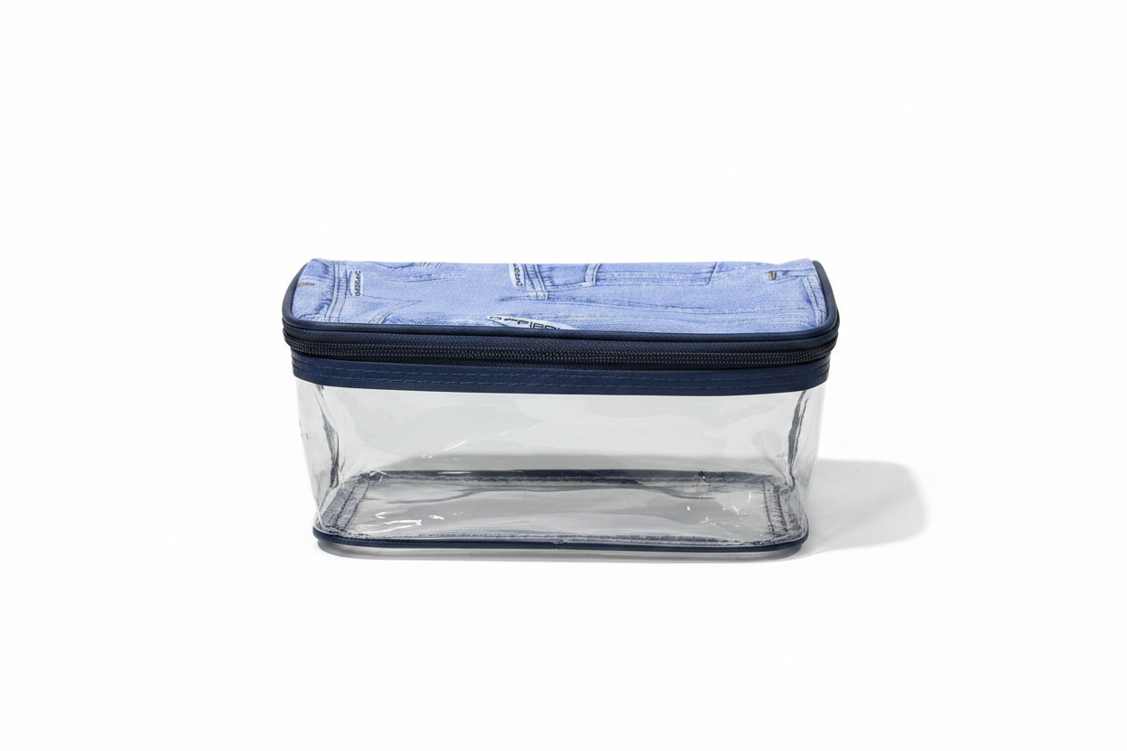Denim Travel Pouch with clear bottom on white background