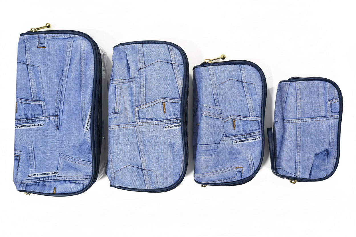 Blue Denim Print Makeup Pouch Set of 4 on white background