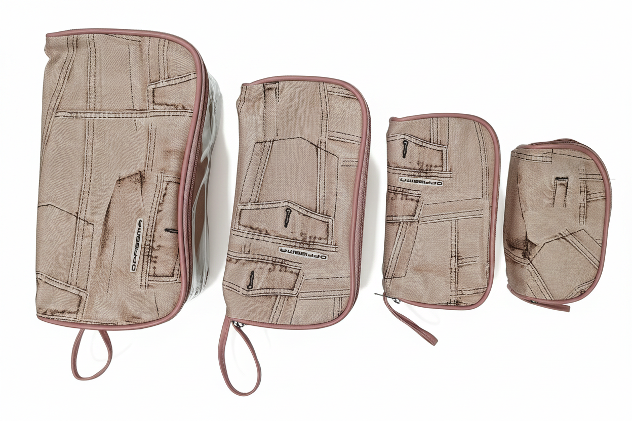 Pink Denim Pouch Set - White Background